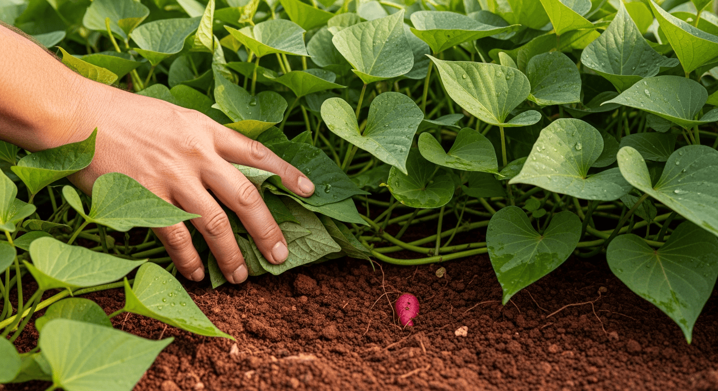 A lush, green carpet of sweet potato vines covering a garden bed, with a hand gently pulling back the leaves to reveal the rich, red soil beneath.