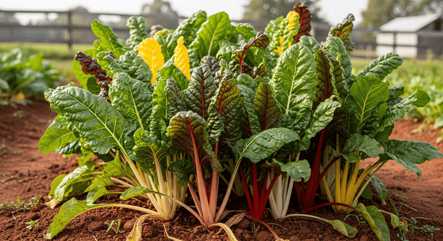 A vibrant bunch of 'Bright Lights' Swiss chard growing in a garden, showing the colorful red, yellow, and white stems against the green leaves.