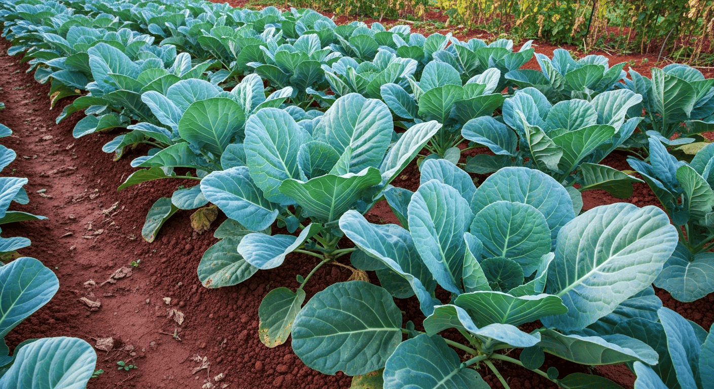 A row of large, healthy 'Georgia Southern' collard green plants with their characteristic broad, blue-green leaves, thriving in a fall garden.