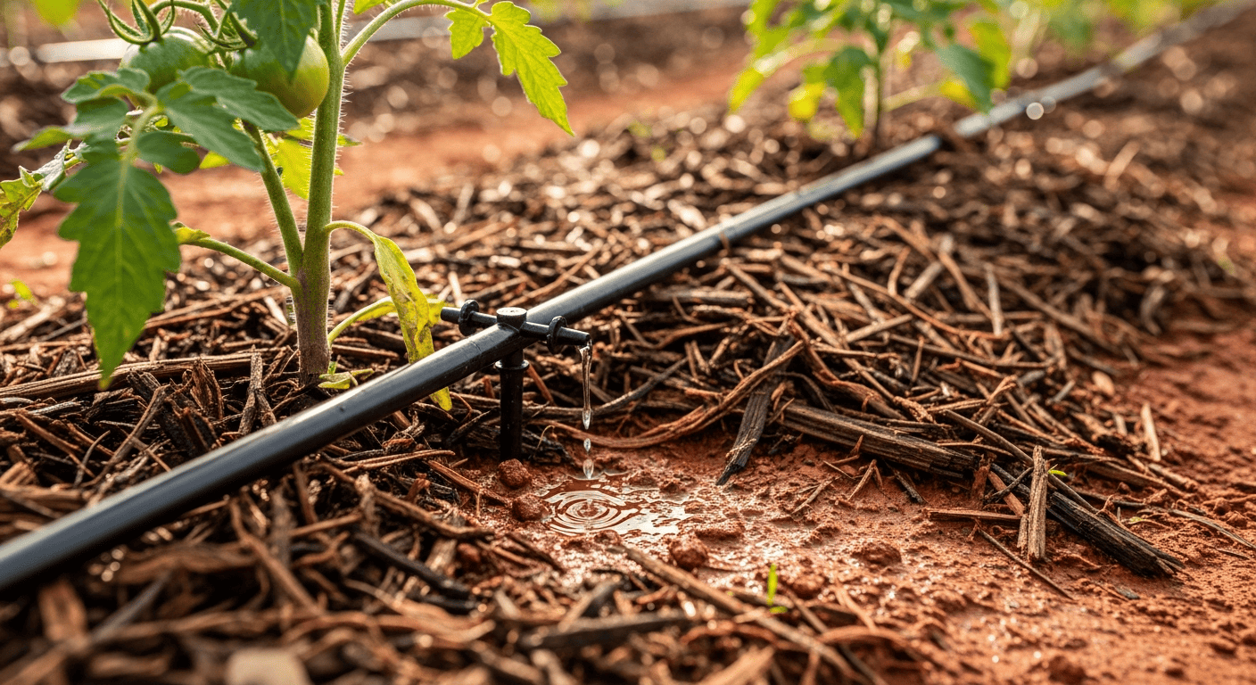 A close-up of a black drip irrigation line snaking through a mulched garden bed, with an emitter slowly dripping water onto the soil near the base of a tomato plant.