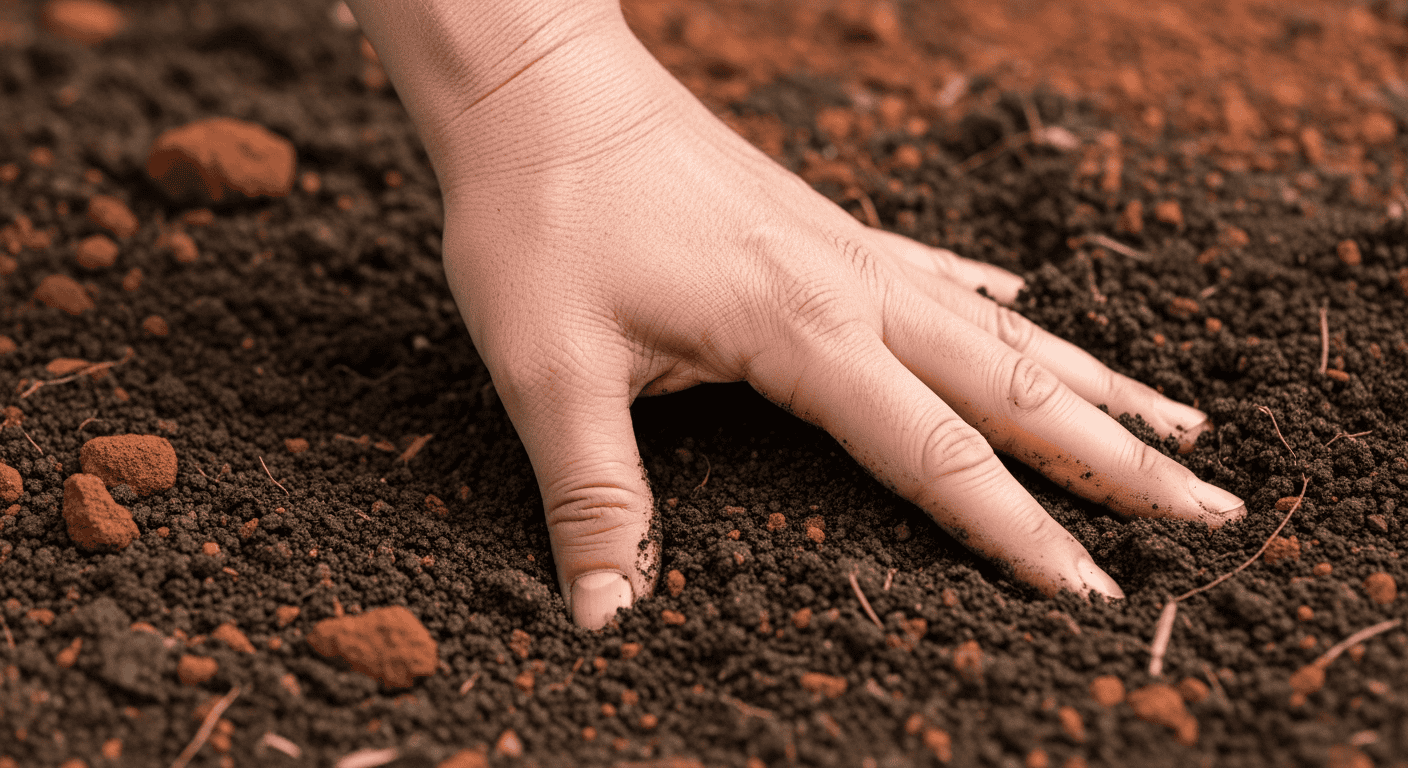 A gardener's hand with soil on the fingertips, inserted two inches into the dark, moist earth of a garden bed to check for moisture.