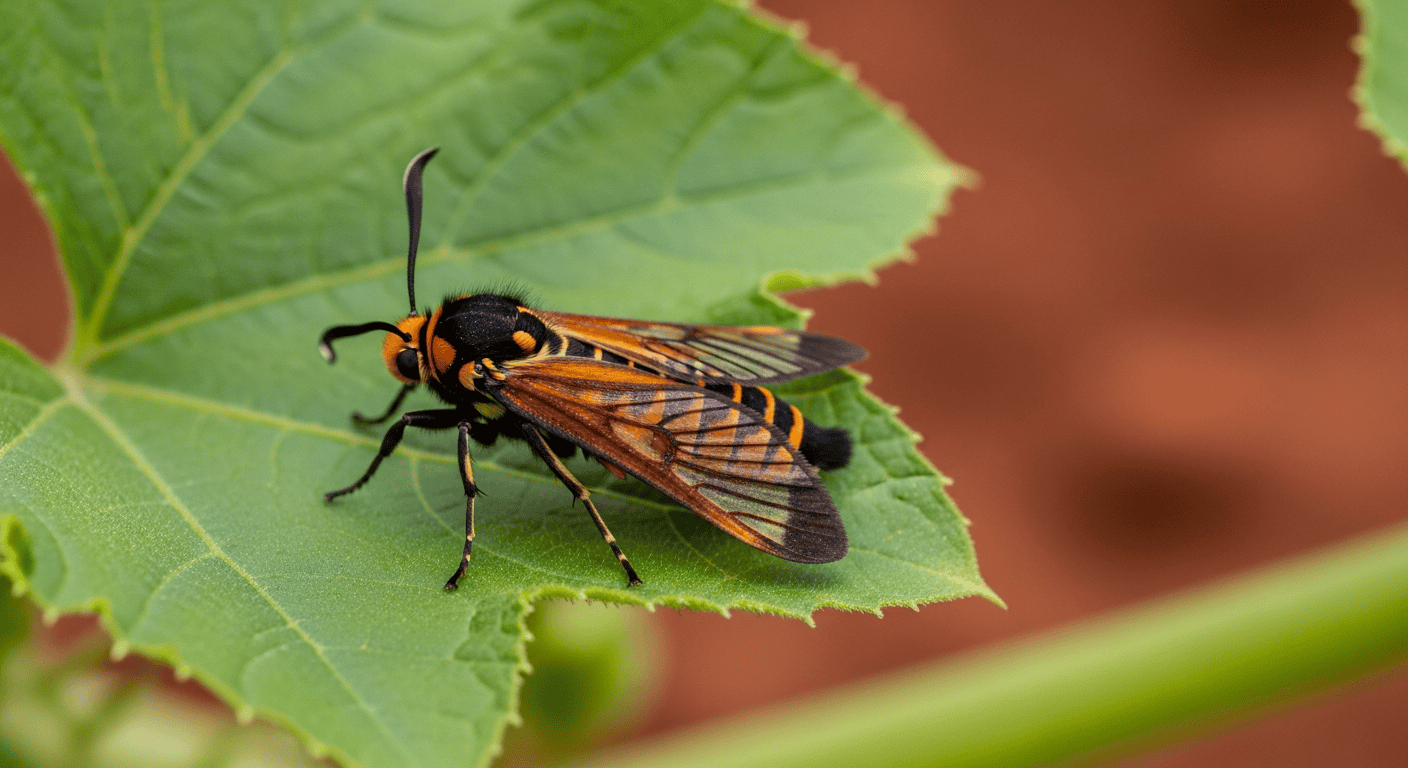 A hyper-detailed macro shot of an adult Squash Vine Borer moth resting on a green squash leaf. The moth's wasp-like appearance, orange and black body, and clear wings should be in sharp focus. - 