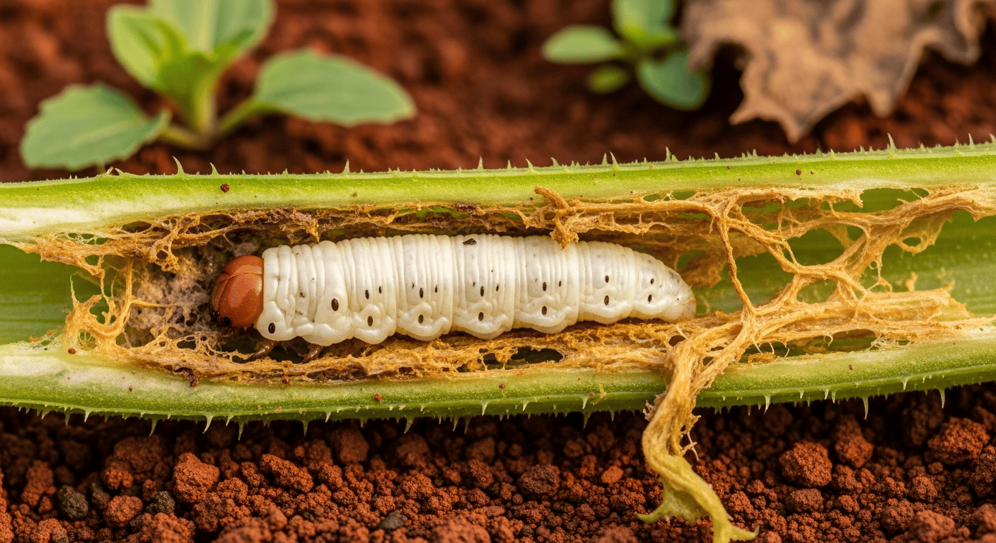 A squash vine that has been cut open, revealing a plump, white squash vine borer larva nestled inside amidst the damaged plant tissue. - 