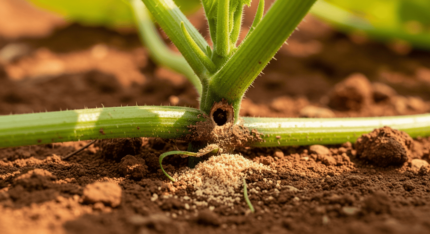 A close-up shot of the base of a yellow crookneck squash plant, showing the distinct, sawdust-like frass piling up around a small hole in the stem. - 