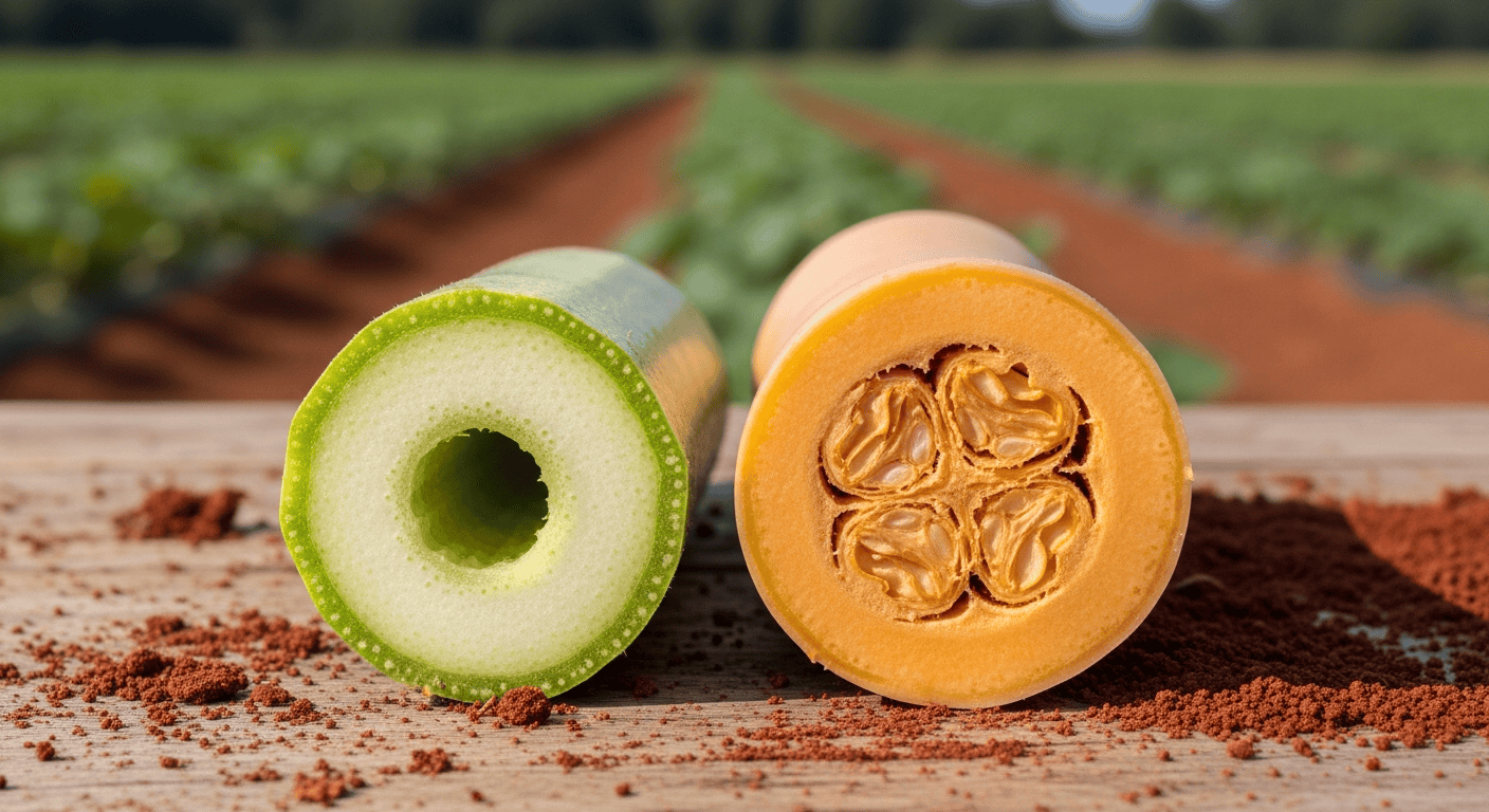 A side-by-side comparison. On the left, a cross-section of a hollow zucchini stem. On the right, a cross-section of a solid, dense butternut squash stem. - 