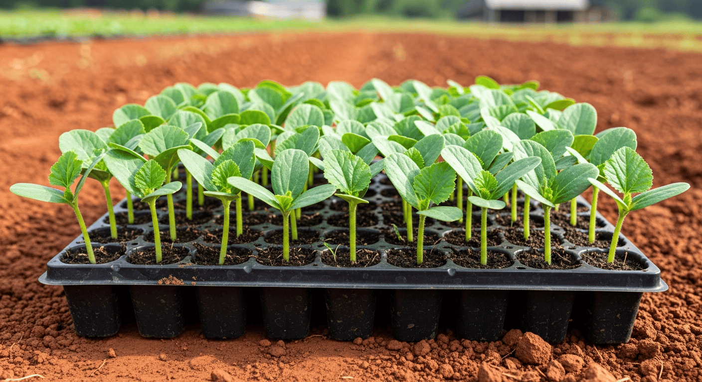 A tray of healthy, vibrant zucchini seedlings, about 3 inches tall, ready for transplanting in early July for a second succession crop. - 