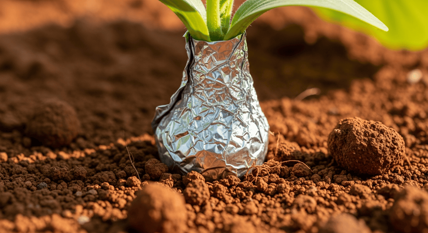 A detailed shot of a young squash plant's stem base neatly and securely wrapped in a protective layer of aluminum foil. - 