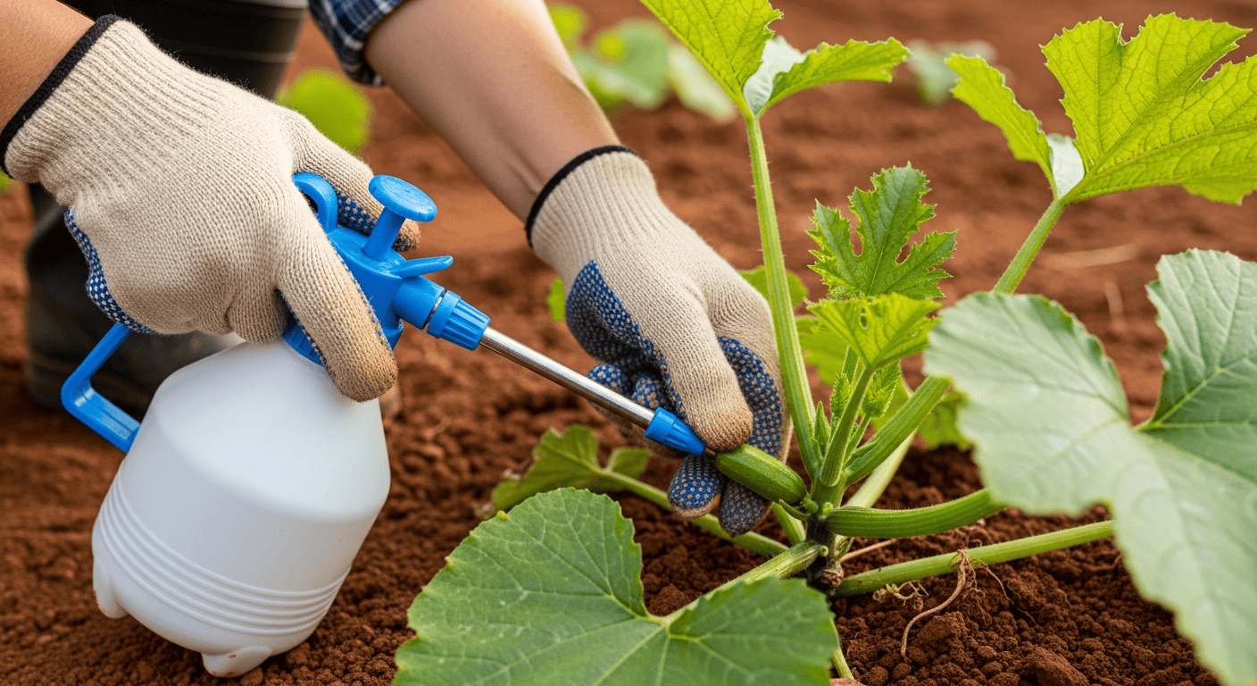 A gardener wearing protective gloves using a small hand-pump sprayer to precisely apply insecticide to the bottom 6 inches of a zucchini plant's stem. - 