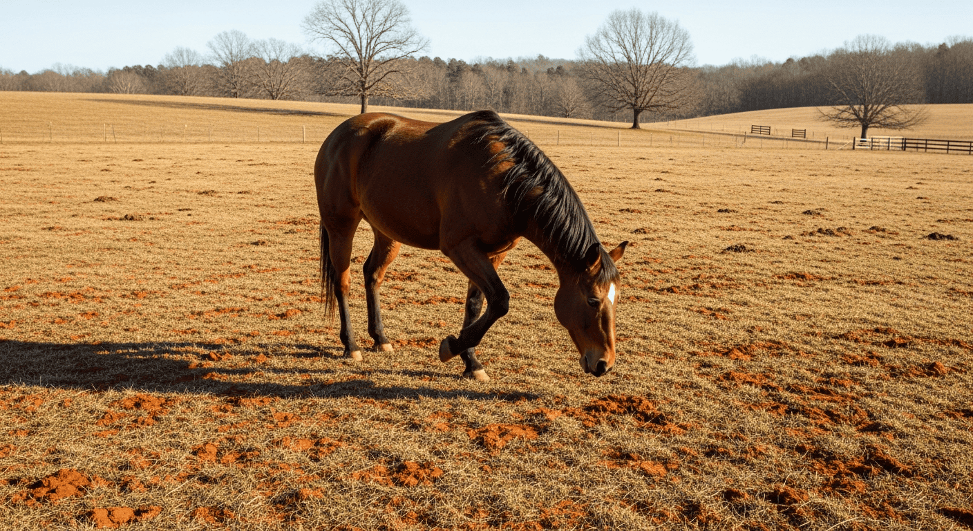 A patchy, overgrazed dormant Bermuda grass pasture in a Georgia winter, with visible red clay patches and a horse pawing at the ground to find something to eat. - Winter Pasture Management