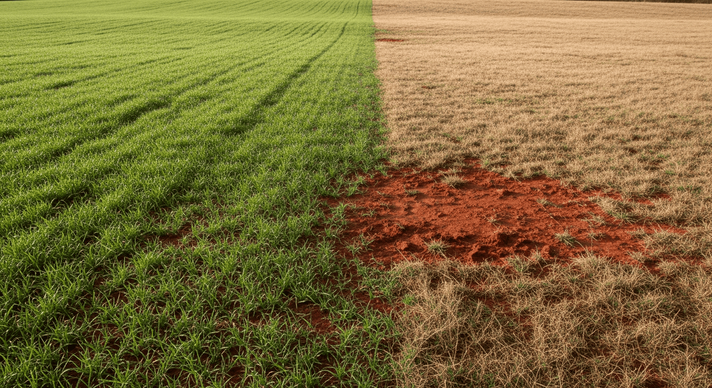 A vibrant green field of winter ryegrass in January, contrasting sharply with the dormant brown grass in an adjacent, unseeded pasture. - Winter Pasture Management
