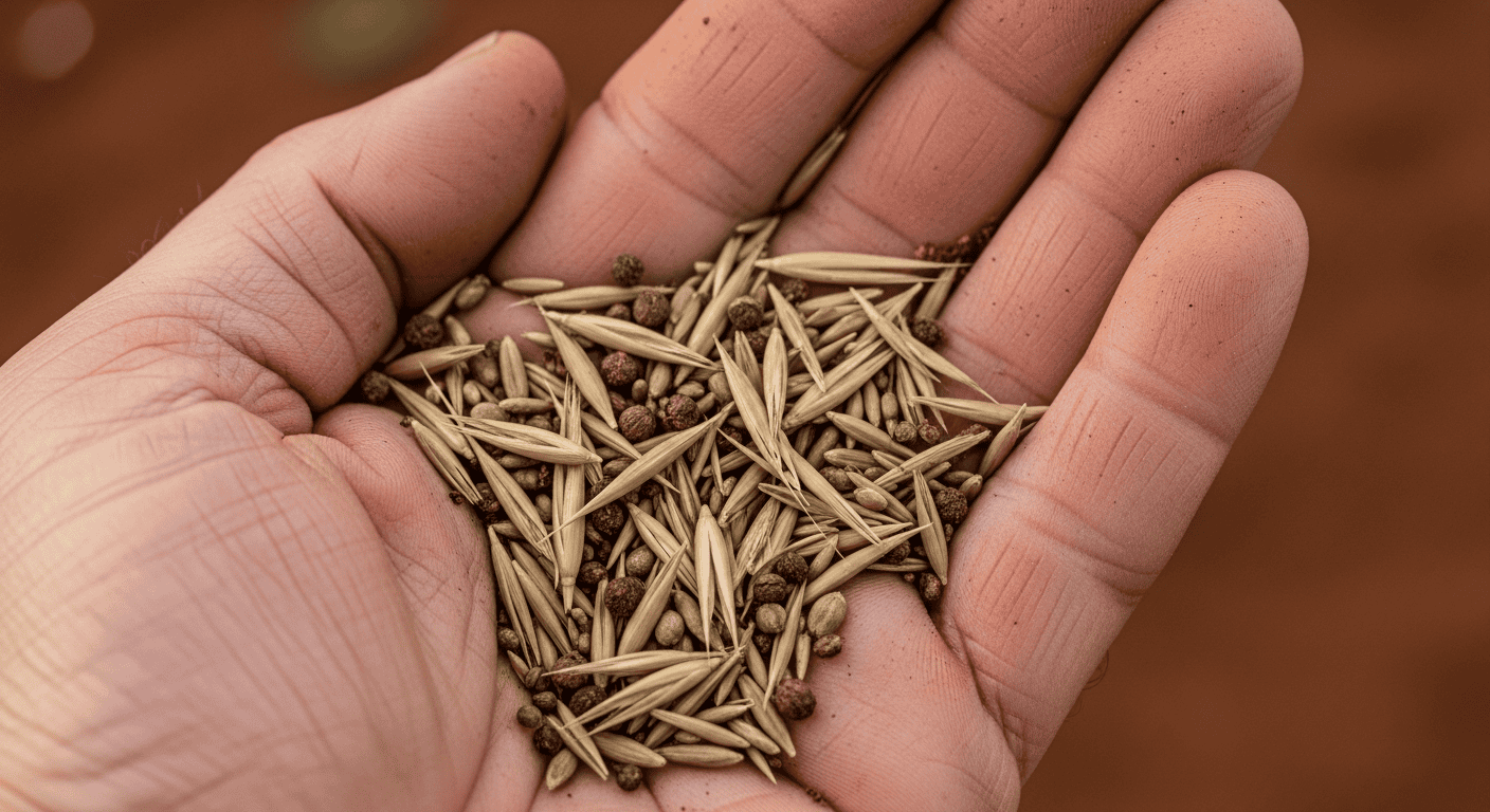 A close-up shot of a seed mix in a hand, showing the larger oat seeds, smaller ryegrass seeds, and tiny round clover seeds. - Winter Pasture Management