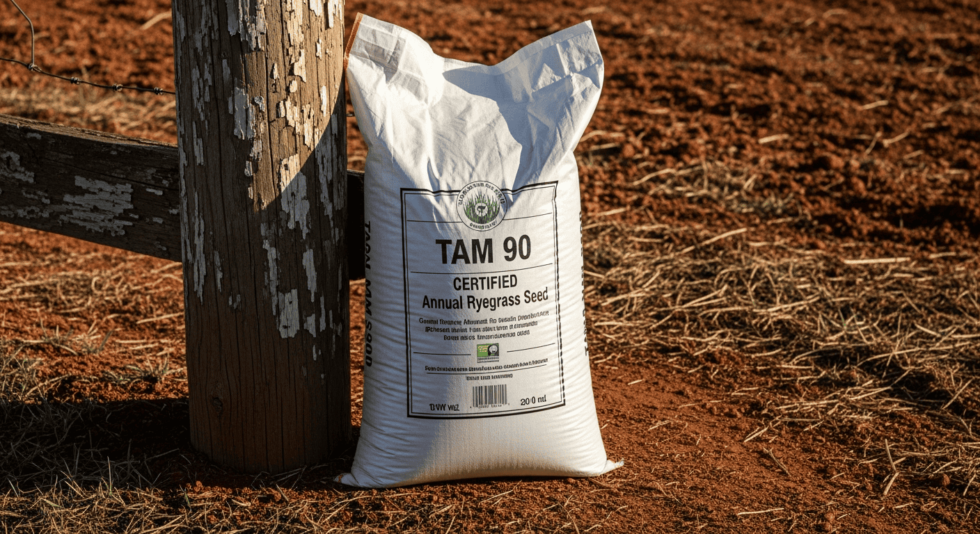 A bag of certified 'TAM 90' annual ryegrass seed leaning against a fence post. - Winter Pasture Management