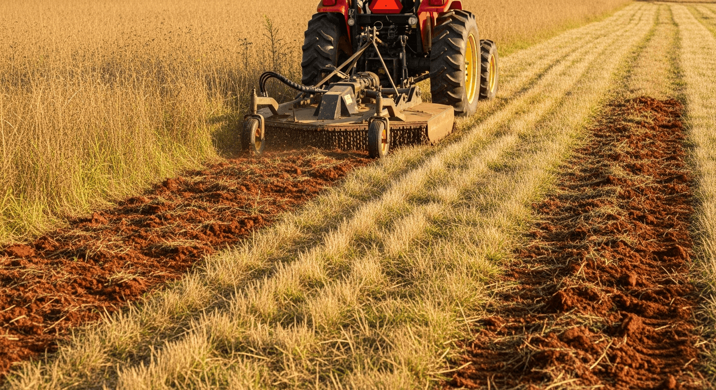A tractor with a bush hog mowing a dormant pasture down to a few inches in preparation for seeding. - Winter Pasture Management