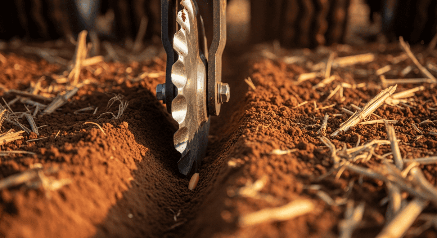 A close-up of a no-till drill's coulter cutting a slit in the ground and dropping a seed into the soil. - Winter Pasture Management