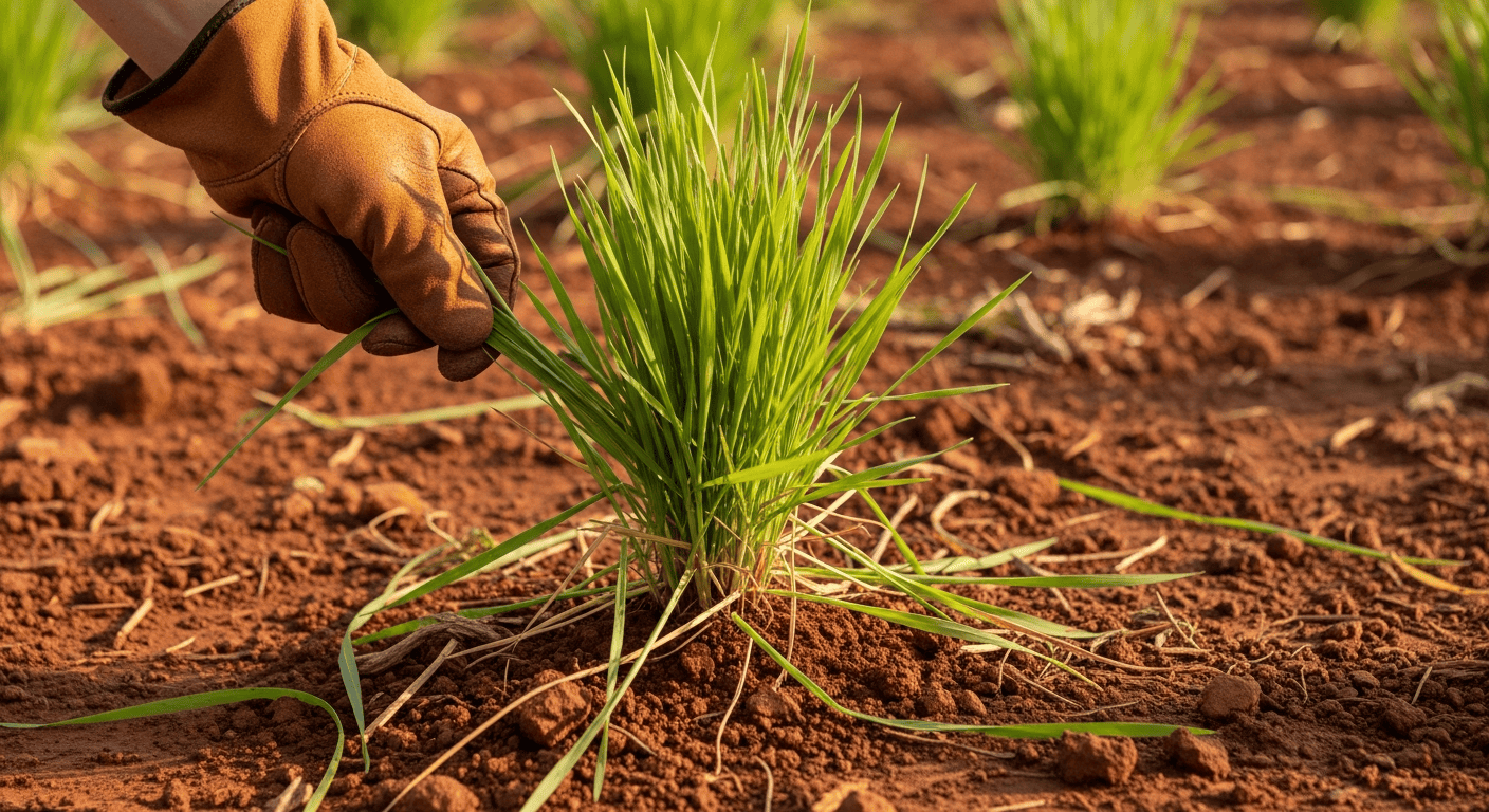 A hand in a leather glove performing the 'pull test' on a lush, 7-inch tall ryegrass plant. The leaves are breaking off, but the roots remain firm. - Winter Pasture Management