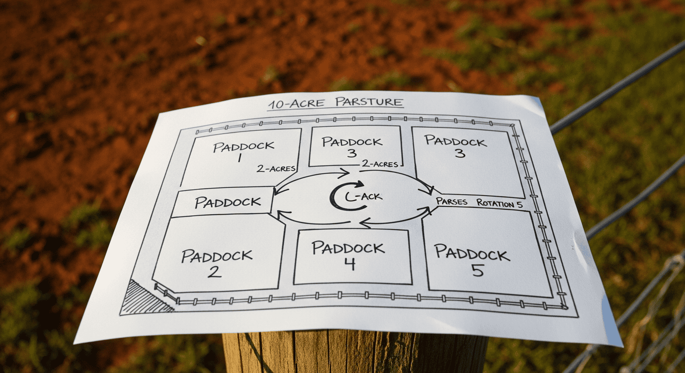 A simple, hand-drawn diagram showing a 10-acre pasture divided into five 2-acre paddocks with arrows indicating the flow of horse rotation. - Winter Pasture Management