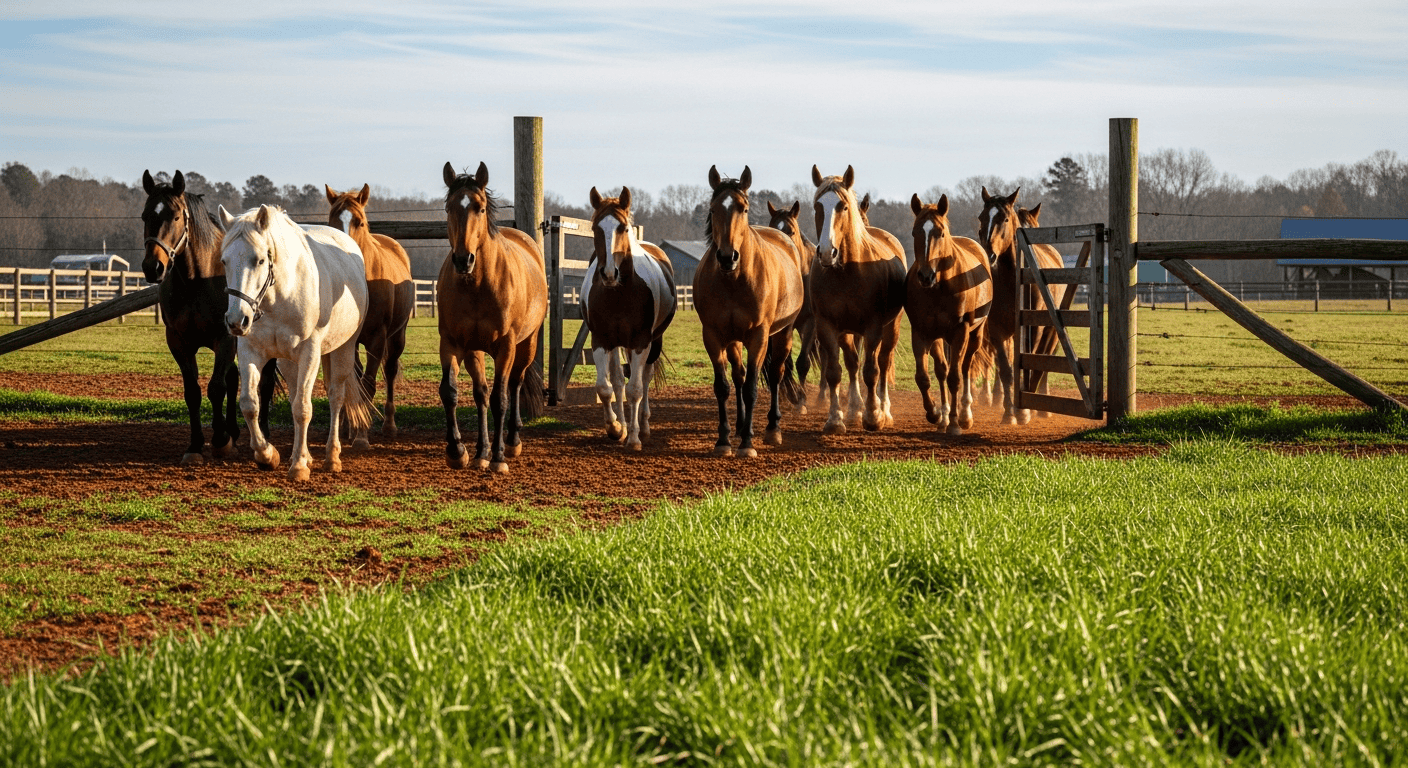 A row of horses eagerly moving through an open gate from a grazed-down paddock into a fresh, untouched paddock of lush winter rye. - Winter Pasture Management