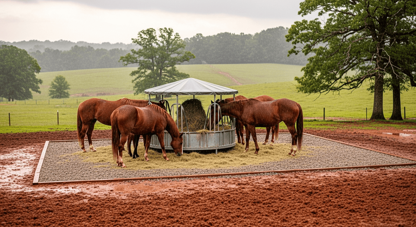 A well-managed sacrifice paddock on a rainy day. Horses are eating from a covered round bale feeder on a gravel pad, and the area is free of deep mud. - Winter Pasture Management