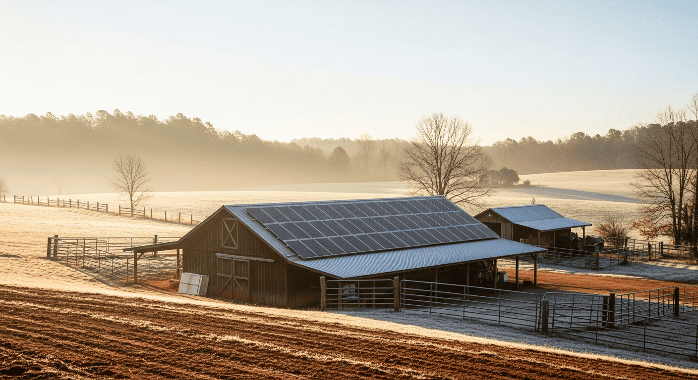 A wide, atmospheric shot of a small farm in the Georgia foothills at dawn. Solar panels on a barn roof are just beginning to catch the first rays of winter sun, with a light frost on the surrounding fields. - Winter Solar Panel Maintenance