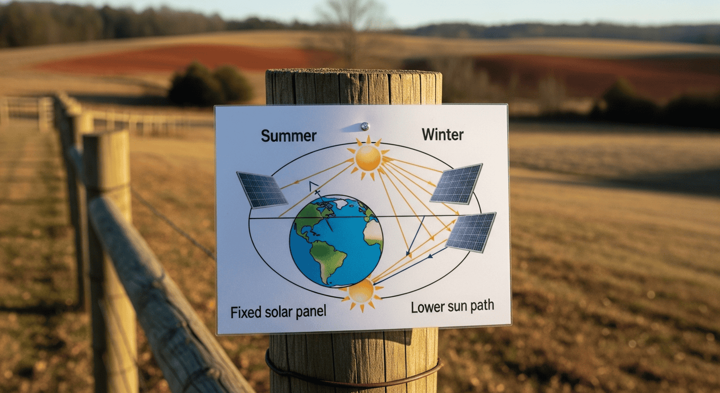 A simple, clean diagram illustrating the difference in sun angle between summer and winter, showing how the winter sun's rays are less direct on a fixed solar panel. - Winter Solar Panel Maintenance