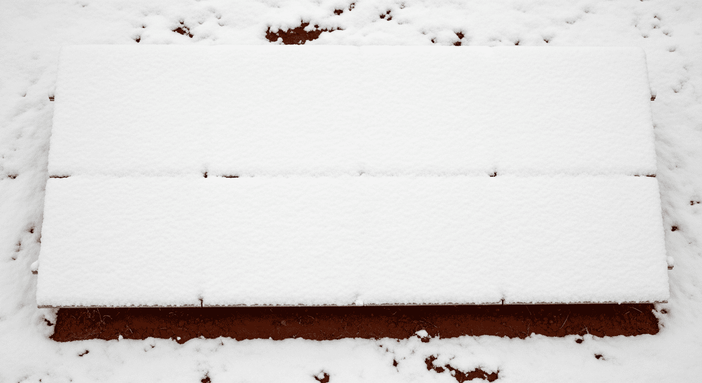 A close-up, top-down view of a solar panel completely covered in a thick layer of wet, heavy snow, showing zero light penetration. - Winter Solar Panel Maintenance