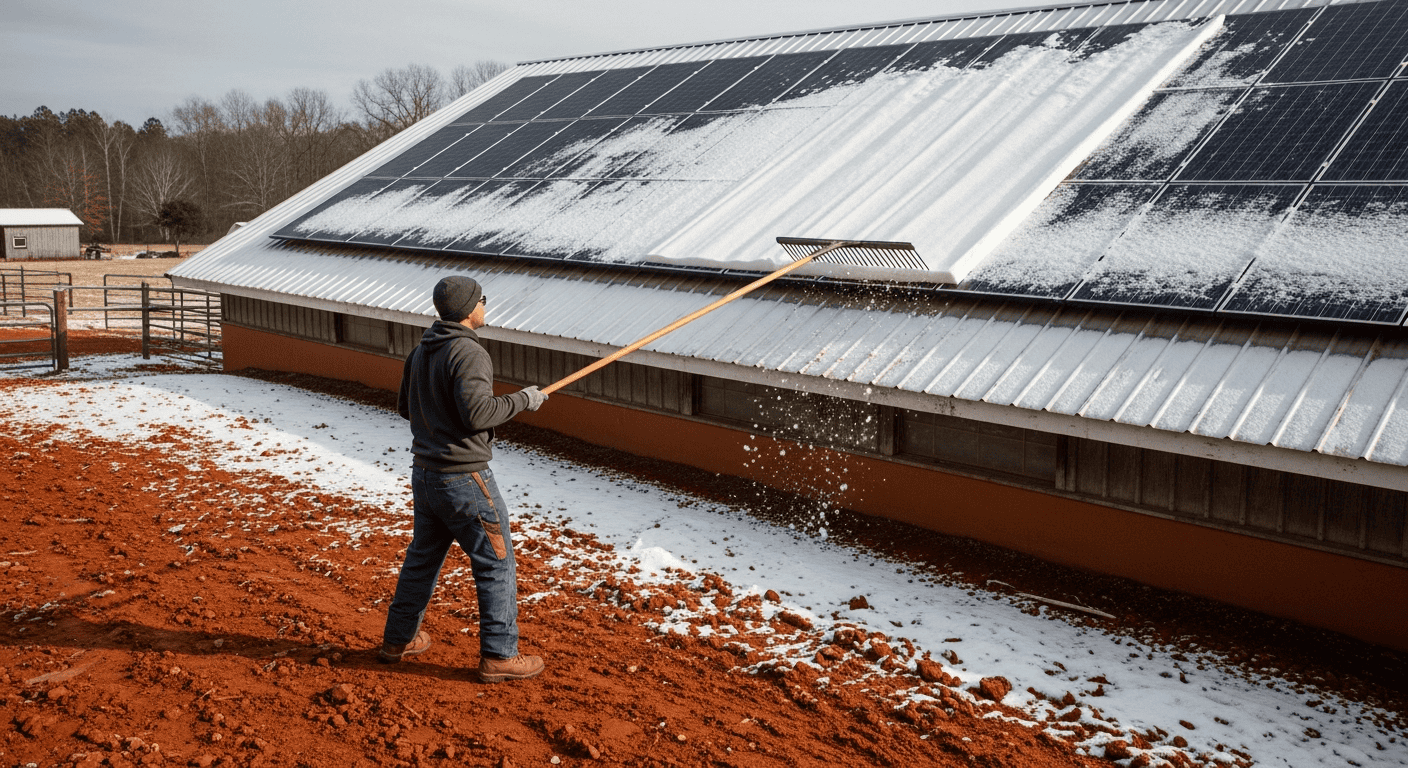 A person standing safely on the ground, using a long-handled, soft-headed rake to pull a sheet of snow off of roof-mounted solar panels. - Winter Solar Panel Maintenance
