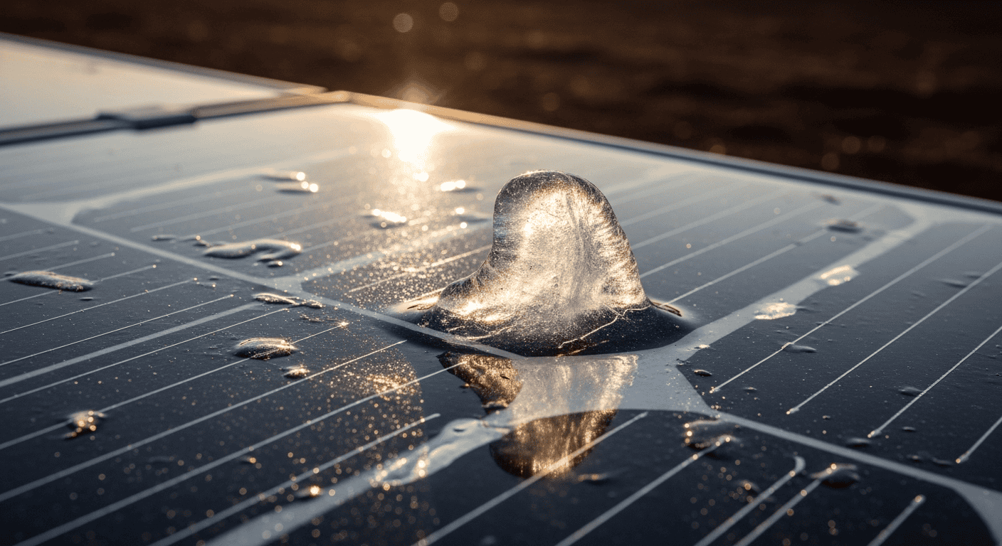 A beautiful macro shot of ice formations on a solar panel, with the low winter sun shining through it, creating a prism effect. The ice is visibly starting to melt at the glass surface. - Winter Solar Panel Maintenance