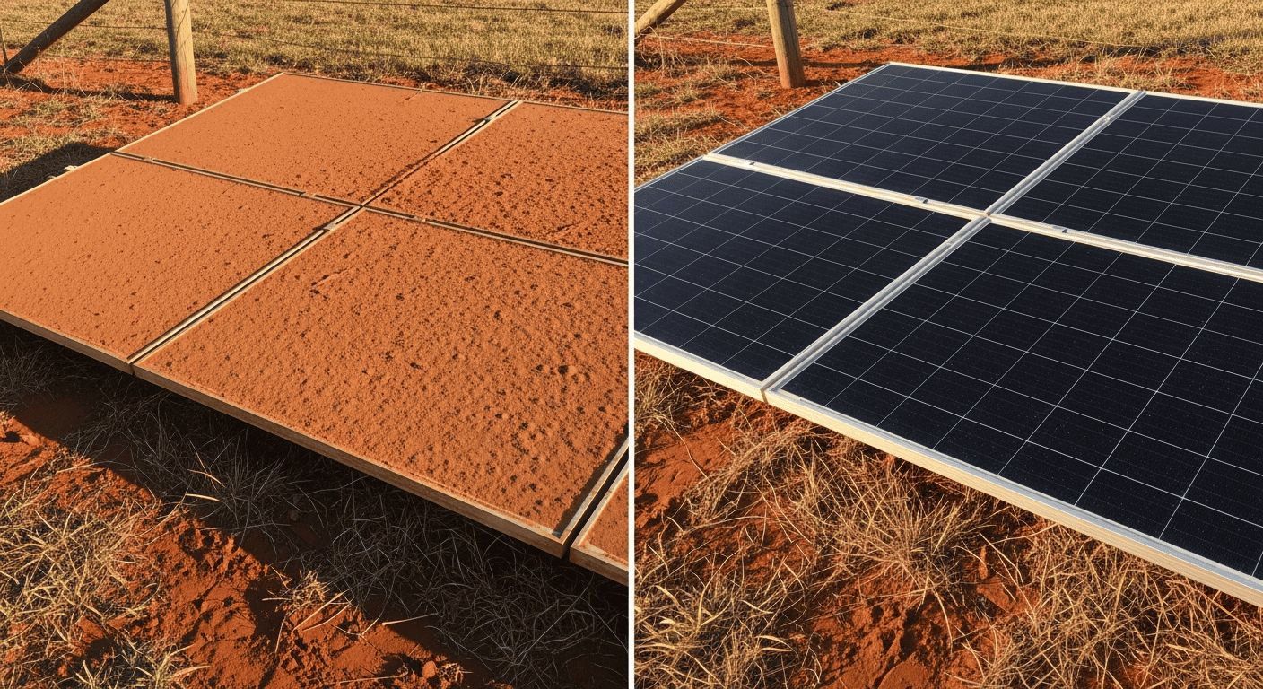 A dramatic split-screen image. On the left, a solar panel covered in a reddish-brown, dusty film. On the right, the same panel, now sparkling clean and deep black. - Winter Solar Panel Maintenance