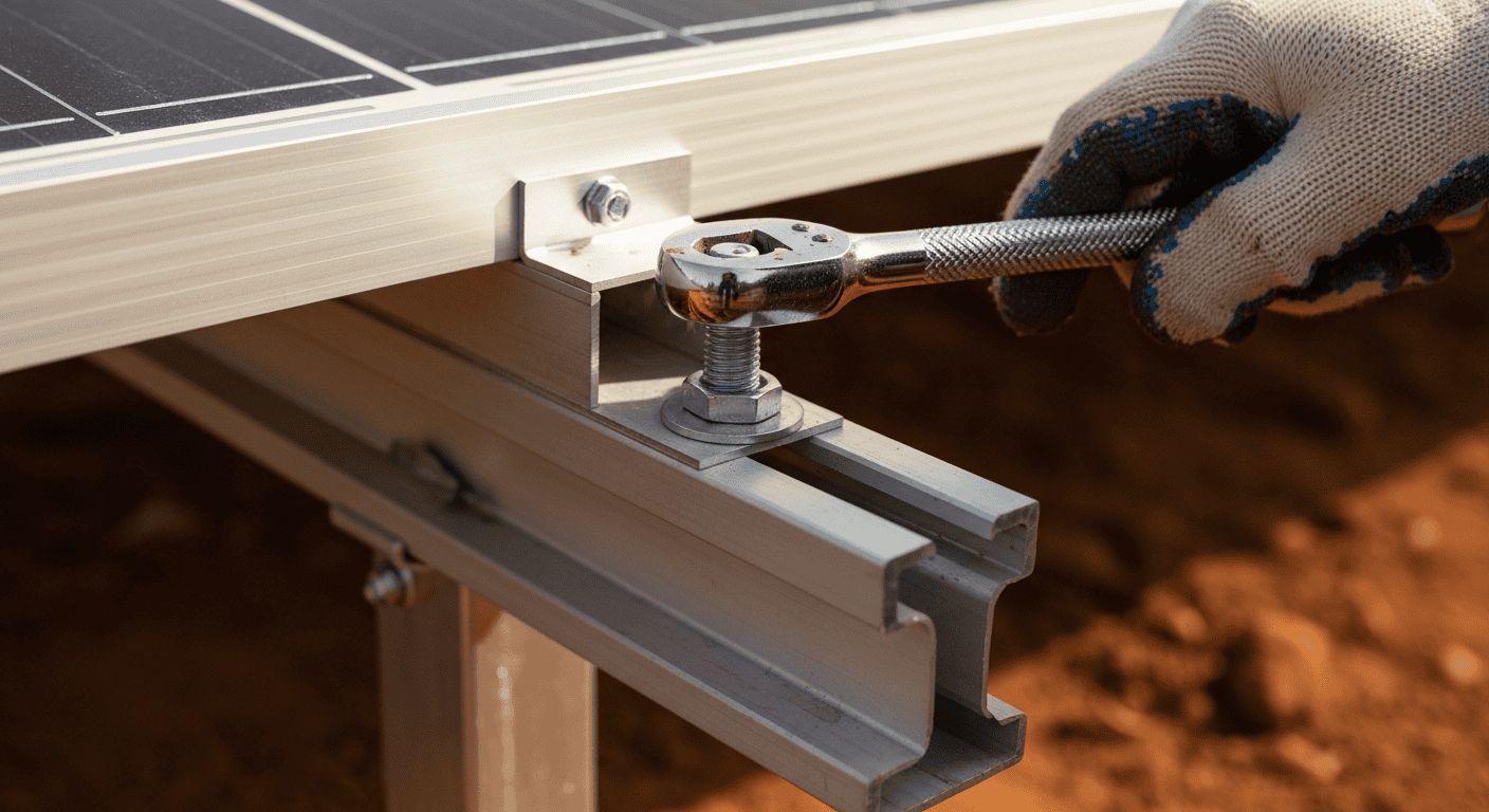 A detailed close-up of a person's gloved hand using a socket wrench to tighten a large bolt on a solar panel's aluminum mounting rack. - Winter Solar Panel Maintenance