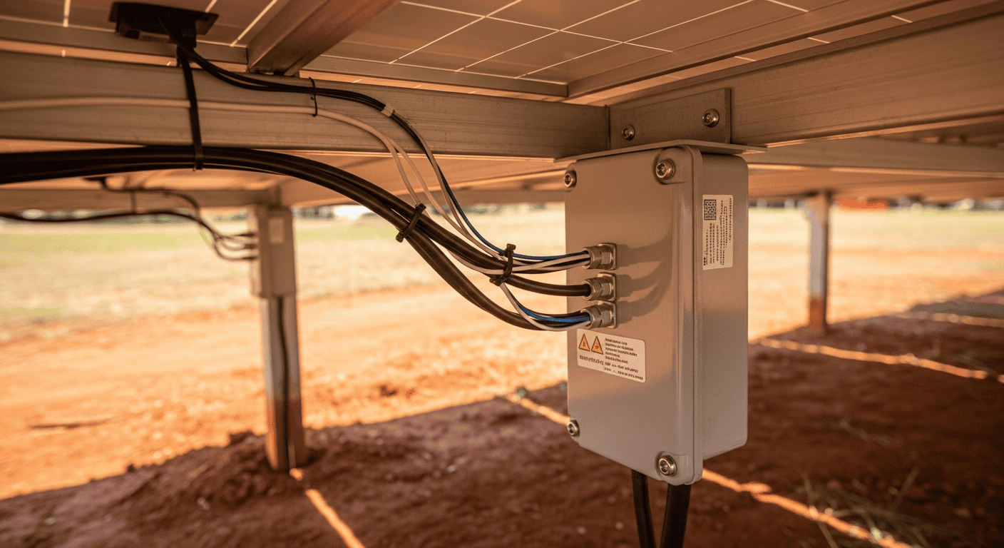 An underside view of a solar panel array, showing neatly managed wires in a conduit and a close-up on a securely sealed, waterproof junction box. - Winter Solar Panel Maintenance