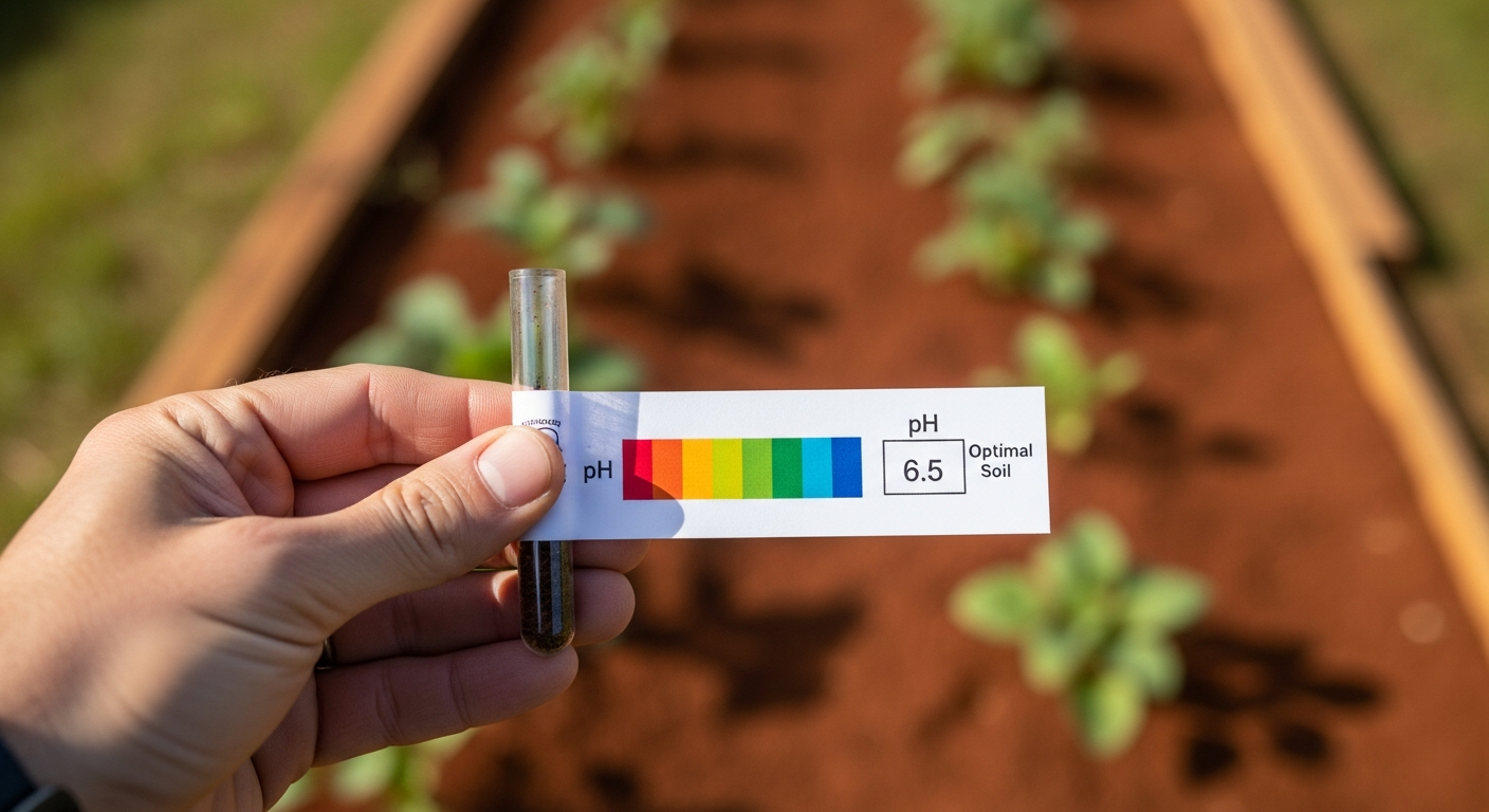 A home gardener’s hand holding a soil test tube with a color chart against the backdrop of their garden bed. The chart clearly shows a pH reading of 6.5, indicating optimal soil for vegetables.