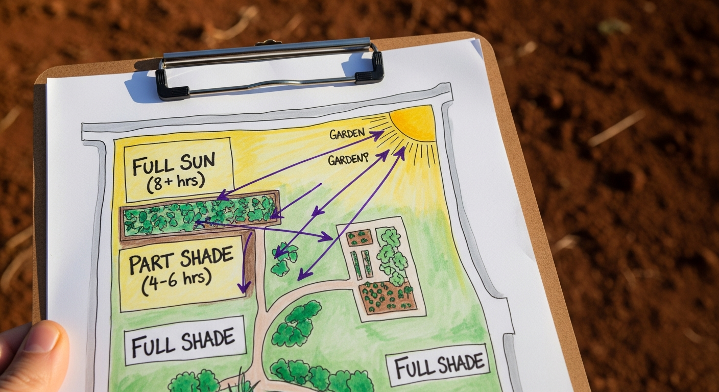 A hand-drawn garden map on a clipboard, showing areas marked ‘Full Sun (8+ hrs)’, ‘Part Shade (4-6 hrs)’, and ‘Full Shade’. Arrows indicate the path of the sun throughout the day.