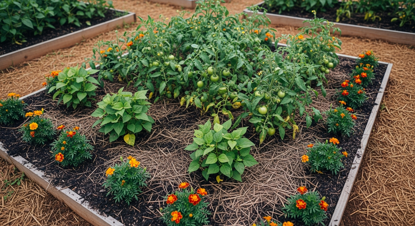 A vibrant, raised garden bed in mid-summer, overflowing with healthy tomato plants, bush beans, and marigolds. The soil is dark and rich, covered with a layer of straw mulch.
