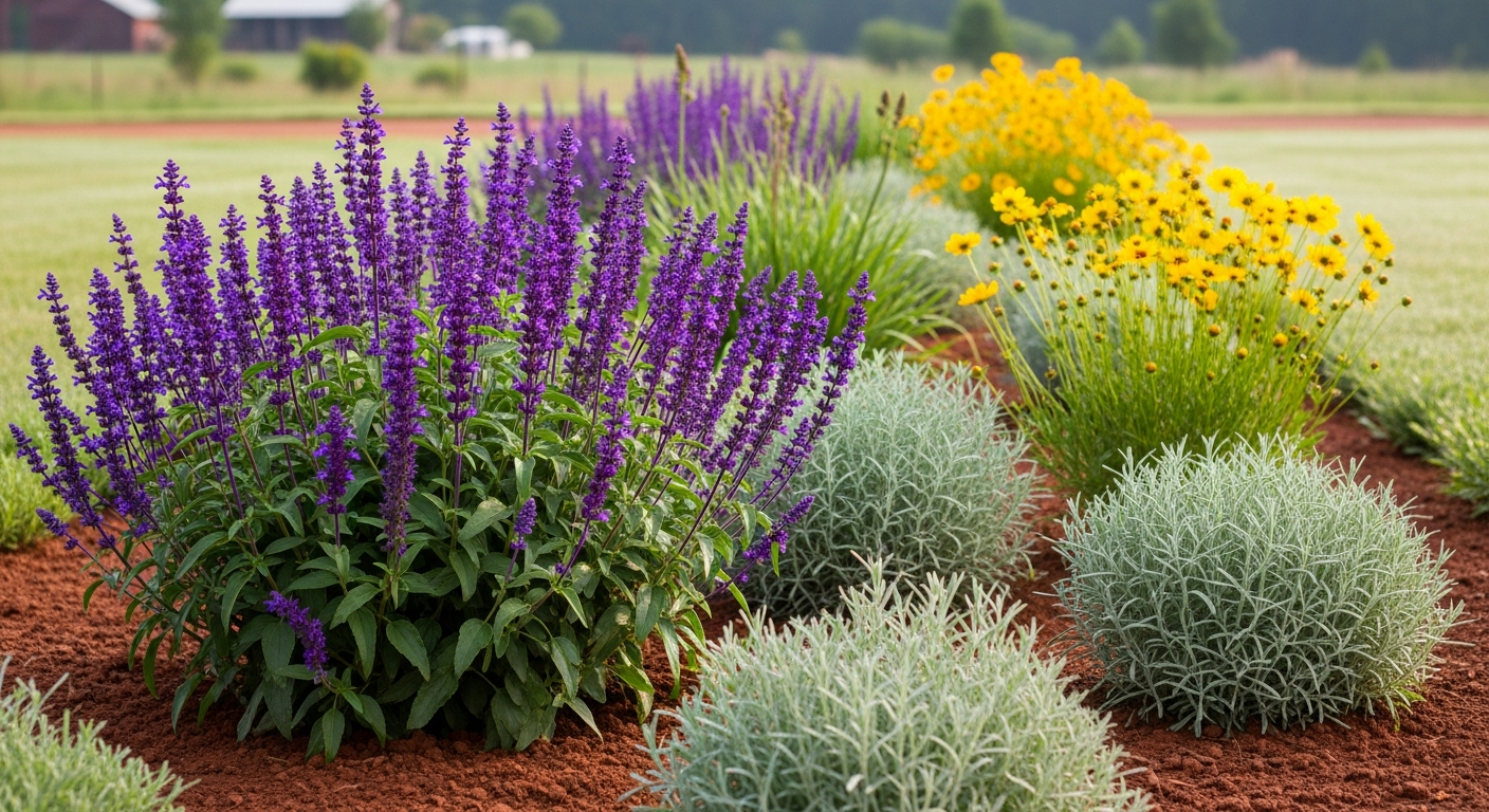 A beautifully designed ornamental garden border in late spring, showing a mix of textures and colors from purple Salvia, yellow Coreopsis, and the fine foliage of ornamental grasses.