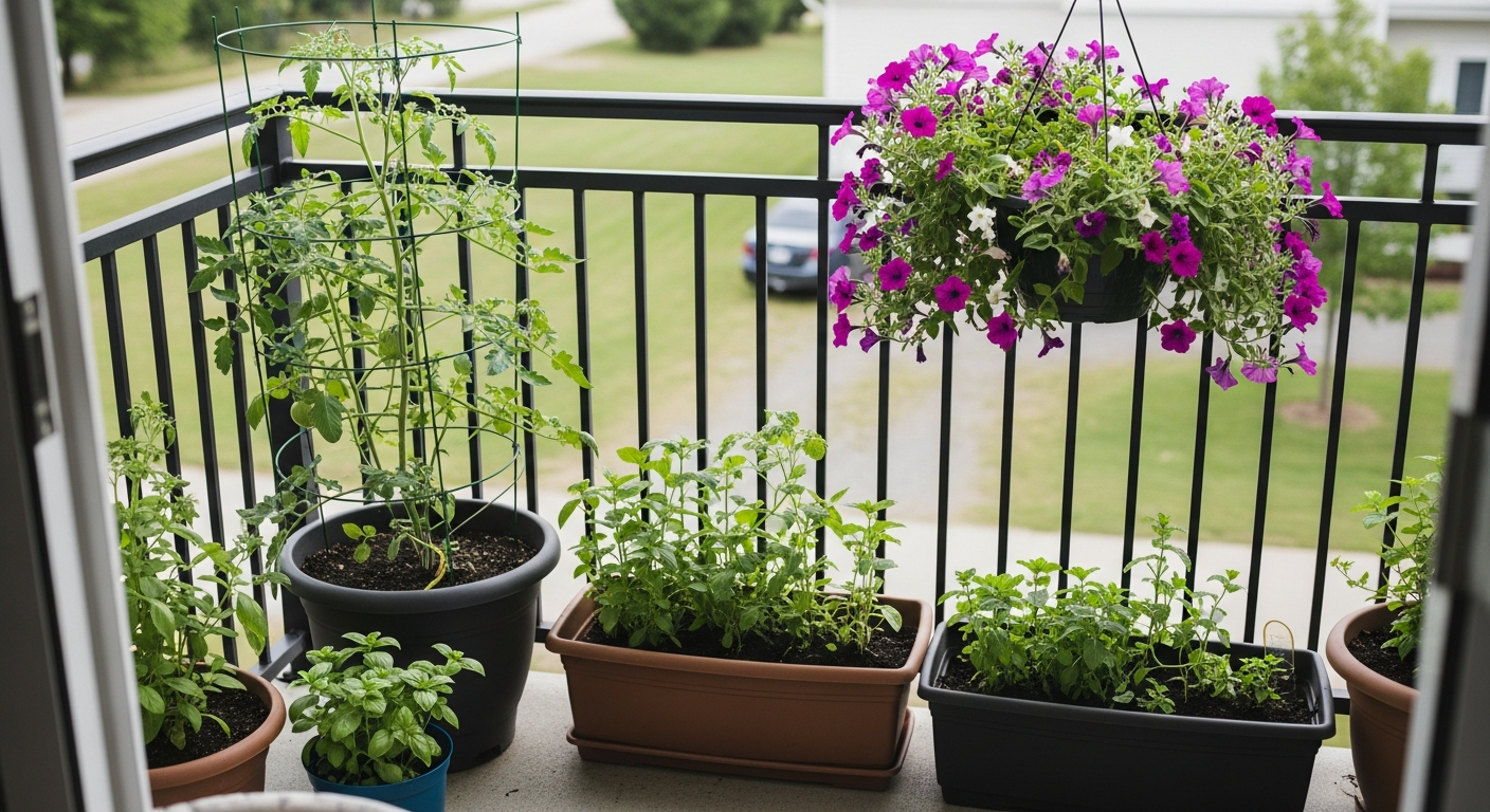 A stylish apartment balcony filled with a variety of containers. A large pot holds a tomato plant, smaller pots have basil and mint, and a hanging basket overflows with petunias.