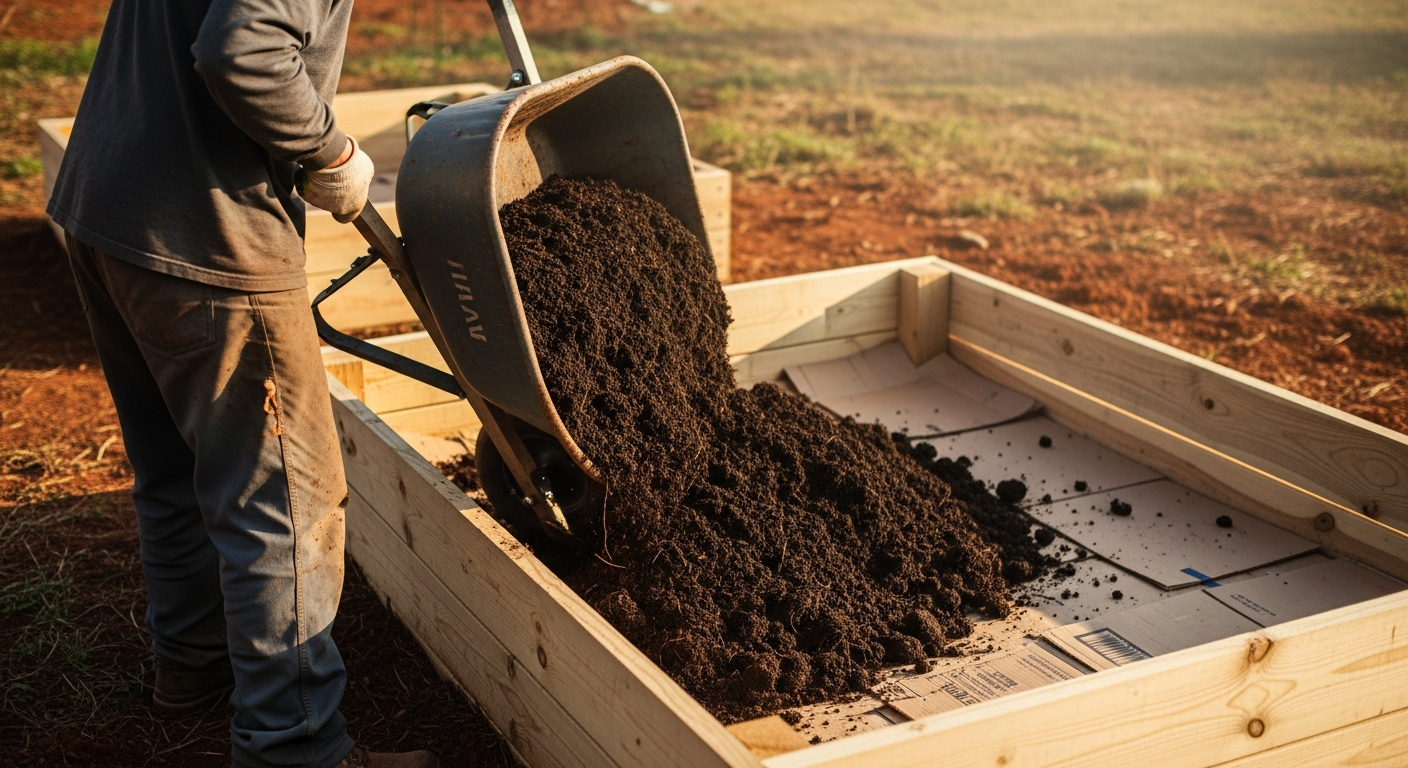 A person filling a newly constructed cedar raised bed with a wheelbarrow full of rich, dark soil mix. The layers of cardboard at the bottom (lasagna method) are visible.