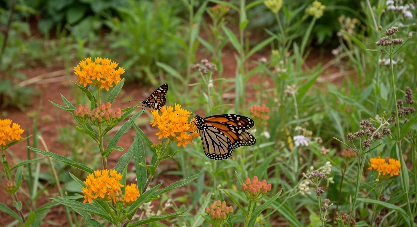 A vibrant native garden buzzing with life. A Monarch butterfly is feeding on the bright orange flowers of a Butterfly Weed (Asclepias tuberosa) plant.