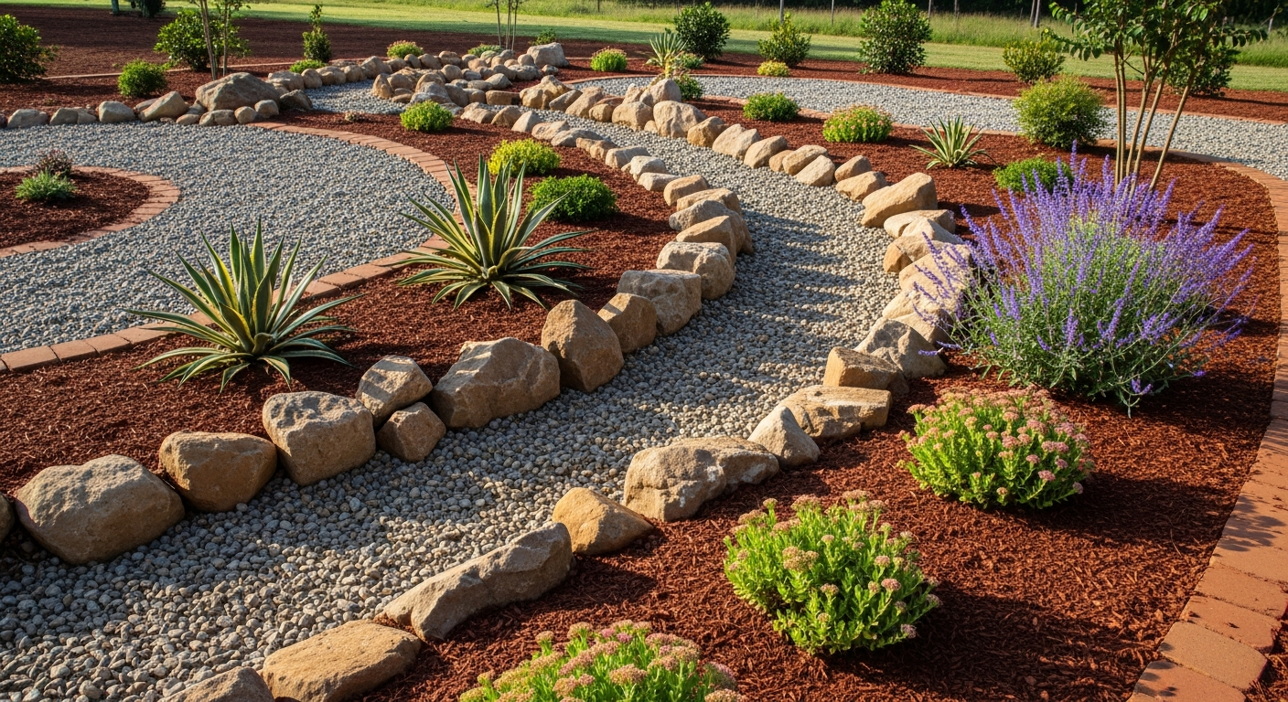A stunning xeriscaped front yard featuring a dry creek bed, boulders, and drought-tolerant plants like Agave, Sedum, and Russian Sage, with gravel mulch.