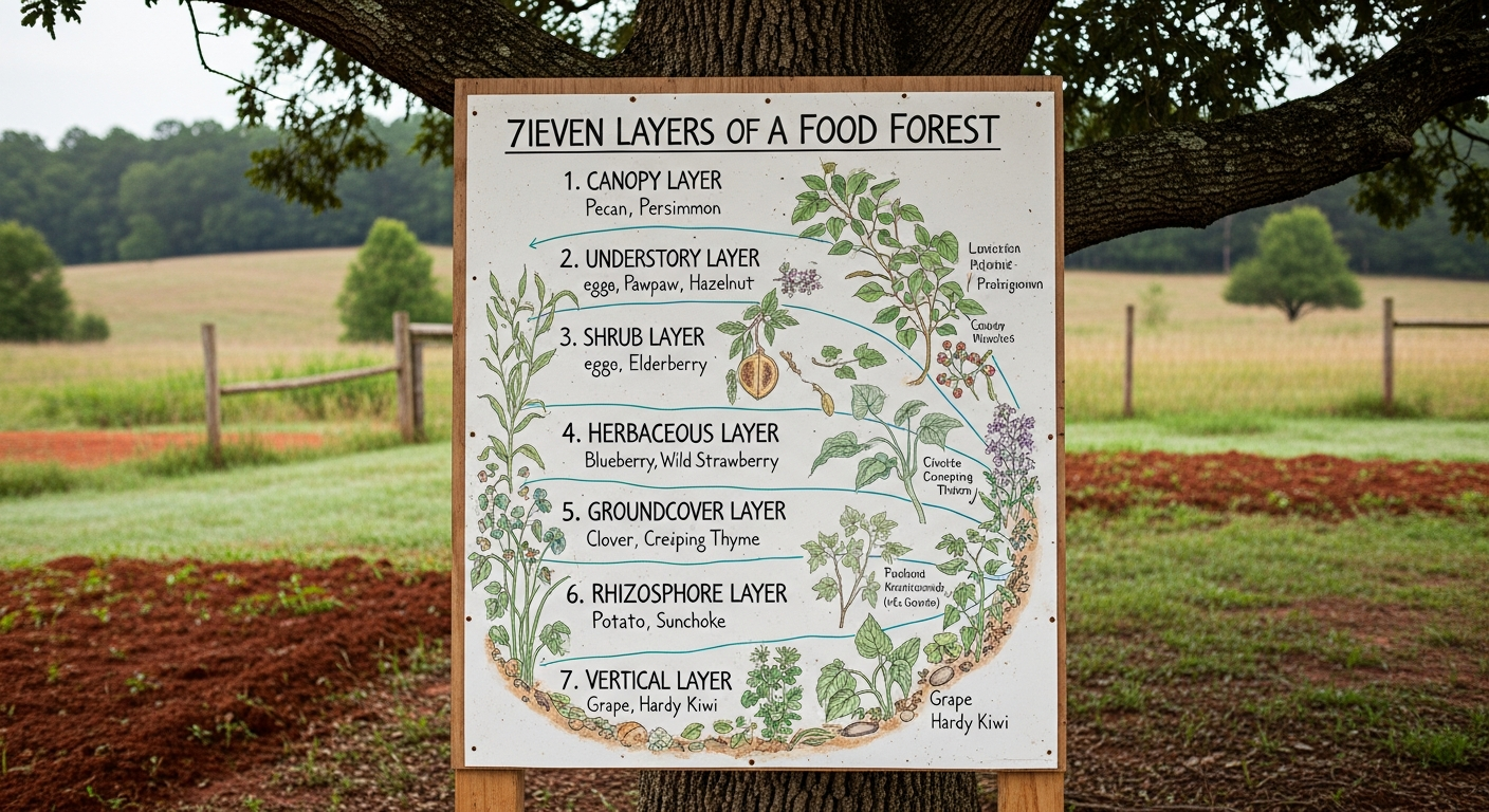 A diagram illustrating the seven layers of a food forest, from the tall canopy trees down to the groundcover and root layers, with examples of plants in each layer.