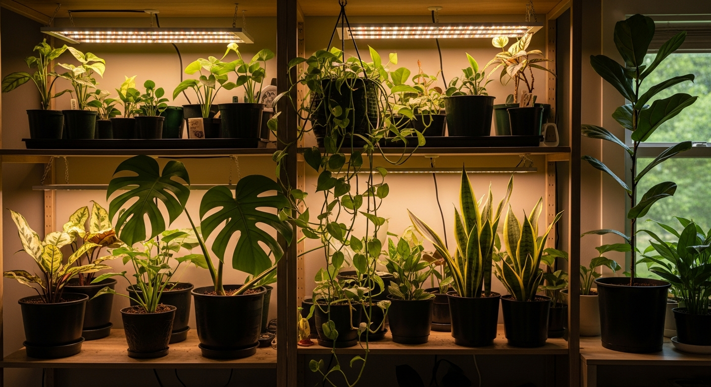 A well-organized indoor plant setup with shelves under full-spectrum LED grow lights. A variety of houseplants, including a Monstera and a Pothos, are thriving.