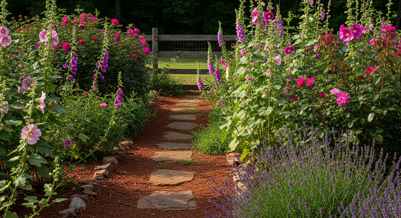 A charming cottage garden path, barely visible between overflowing beds of hollyhocks, foxgloves, roses, and lavender. A rustic wooden fence is in the background.