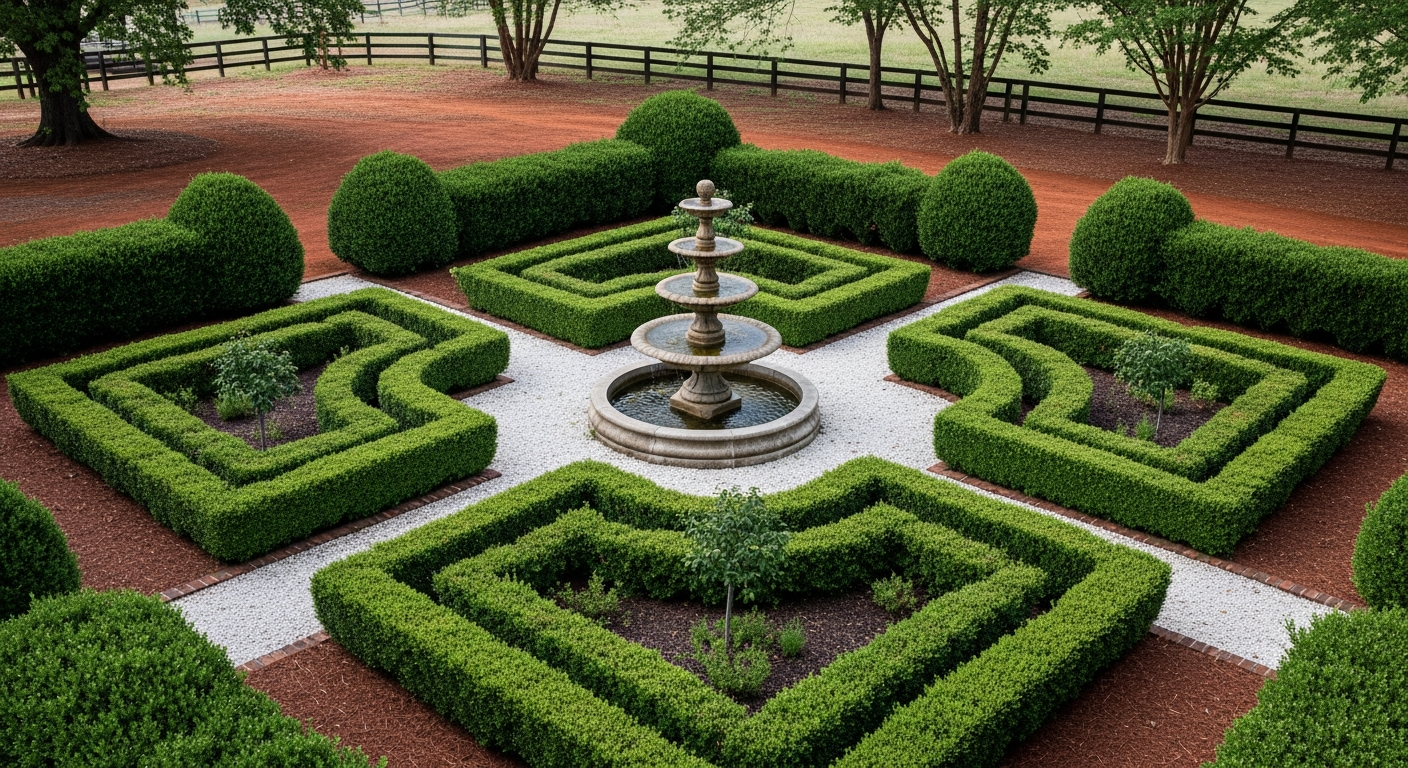 A classic formal garden with perfectly clipped boxwood hedges forming a parterre design. In the center, a tiered stone fountain serves as a focal point. The paths are made of fine white gravel.
