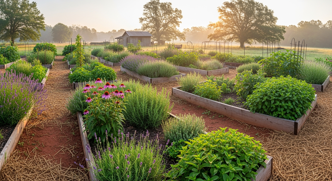 A wide, panoramic shot of a rustic homestead garden in early morning light, featuring raised beds overflowing with a variety of green herbs like lavender, rosemary, and echinacea.