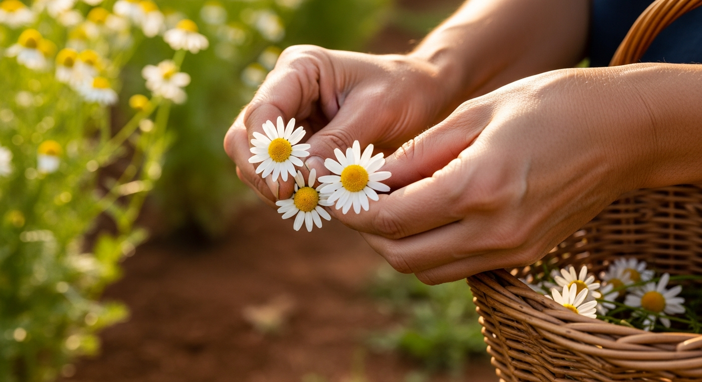 A close-up shot of a gardener's hands gently harvesting delicate, daisy-like chamomile flowers into a wicker basket on a sunny day.