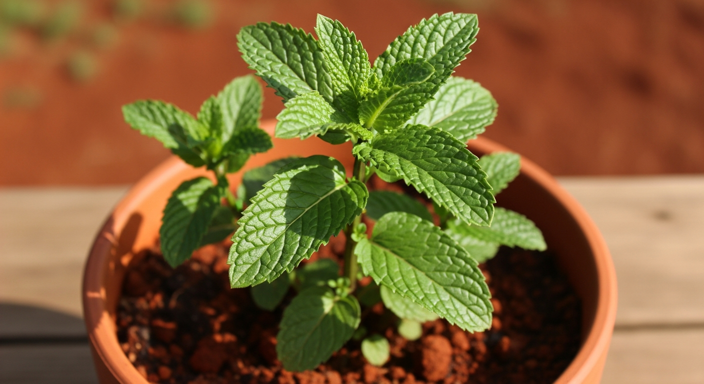 A thriving peppermint plant in a terracotta pot, showing its vibrant green, serrated leaves and characteristic square stem in sharp detail.
