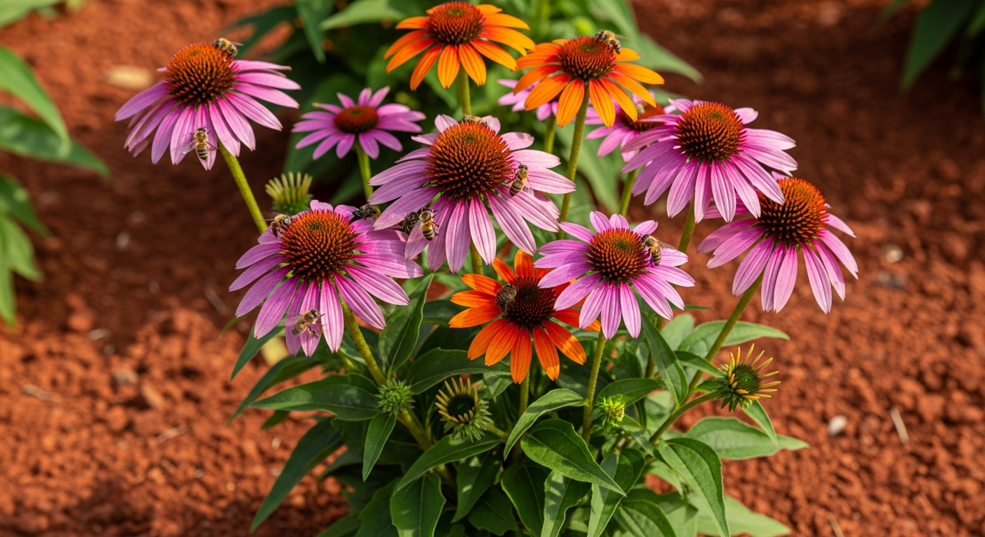 A cluster of vibrant purple and orange Echinacea purpurea coneflowers in a botanical garden, with bees buzzing around them.