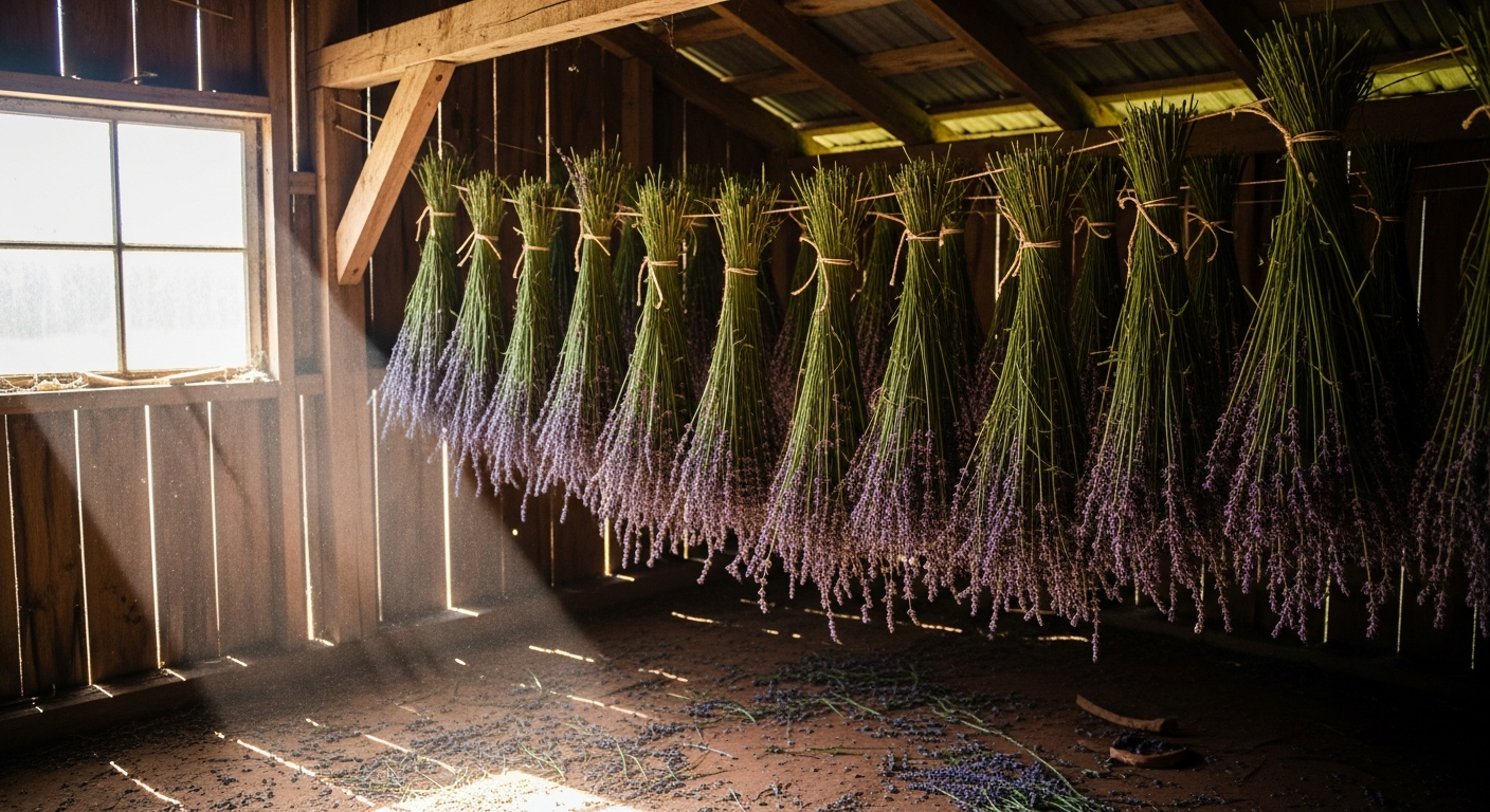 Bundles of freshly cut lavender stems hanging upside down to dry from the rafters of a rustic wooden shed.