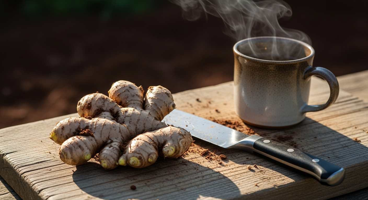 A freshly harvested ginger rhizome on a wooden cutting board, with some soil still clinging to it, next to a knife and a cup of steaming ginger tea.