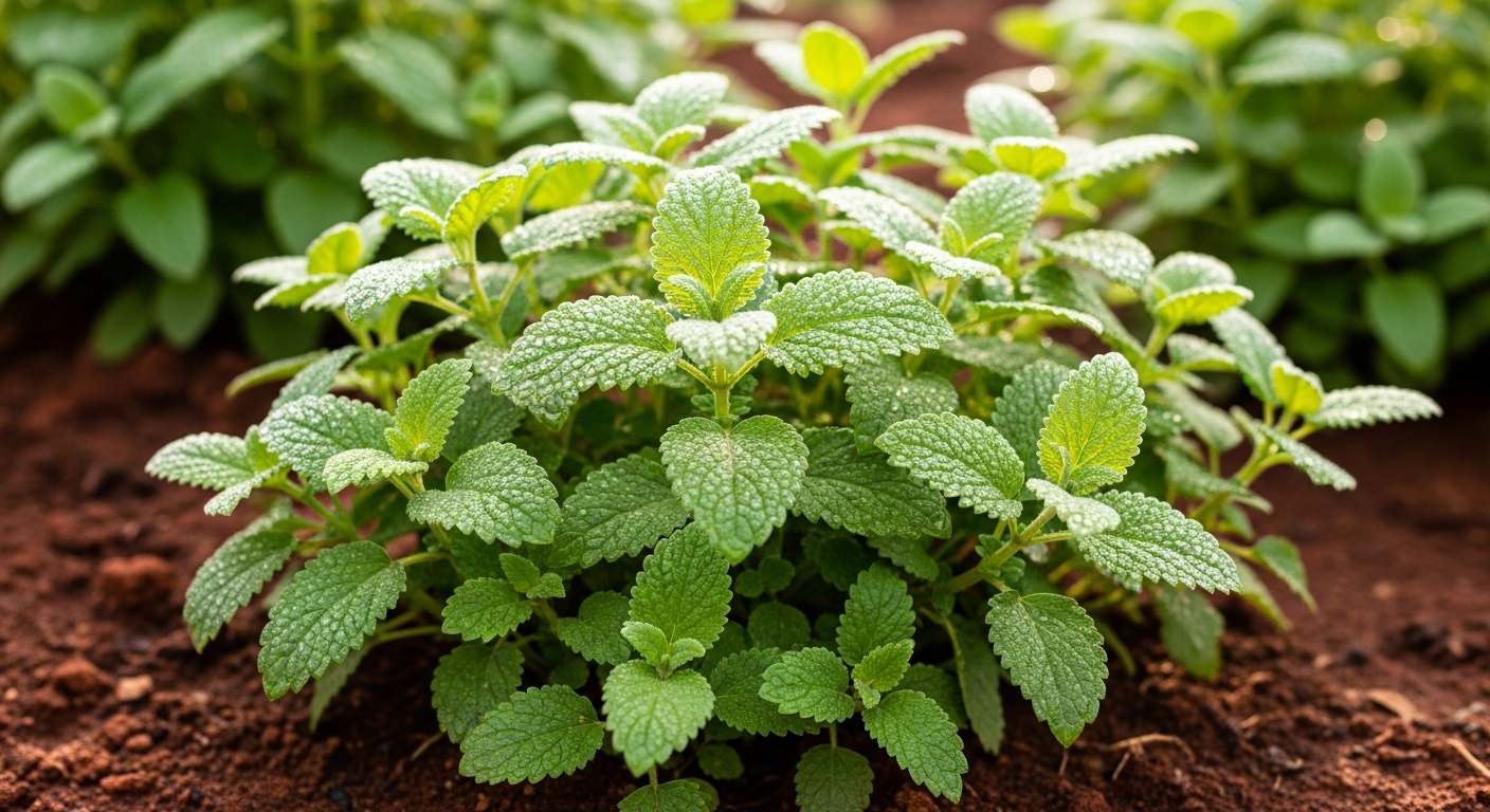 A lush patch of Lemon Balm in a garden, with its bright green, heart-shaped leaves glistening with morning dew.