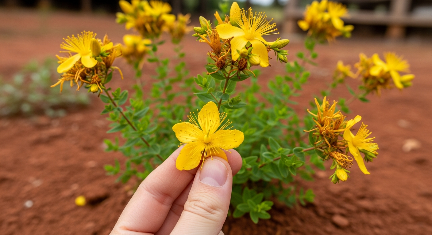 A St. John's Wort plant in full bloom, showing its bright yellow flowers. One of the flowers is being crushed between fingers to show the red pigment.